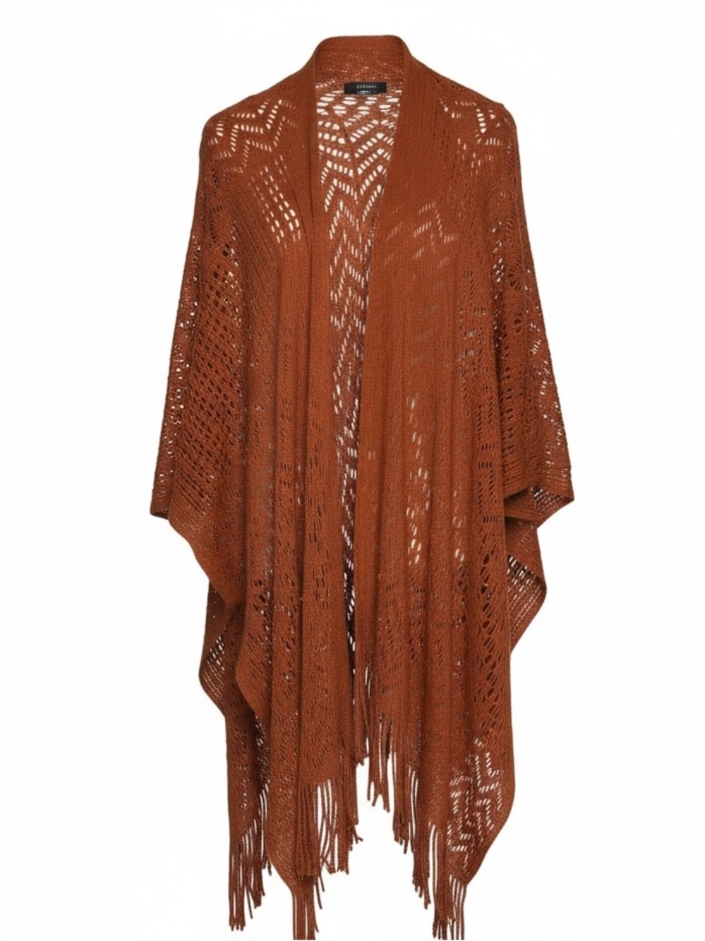 Nine West Rust Open-Front Knit Fringe Poncho